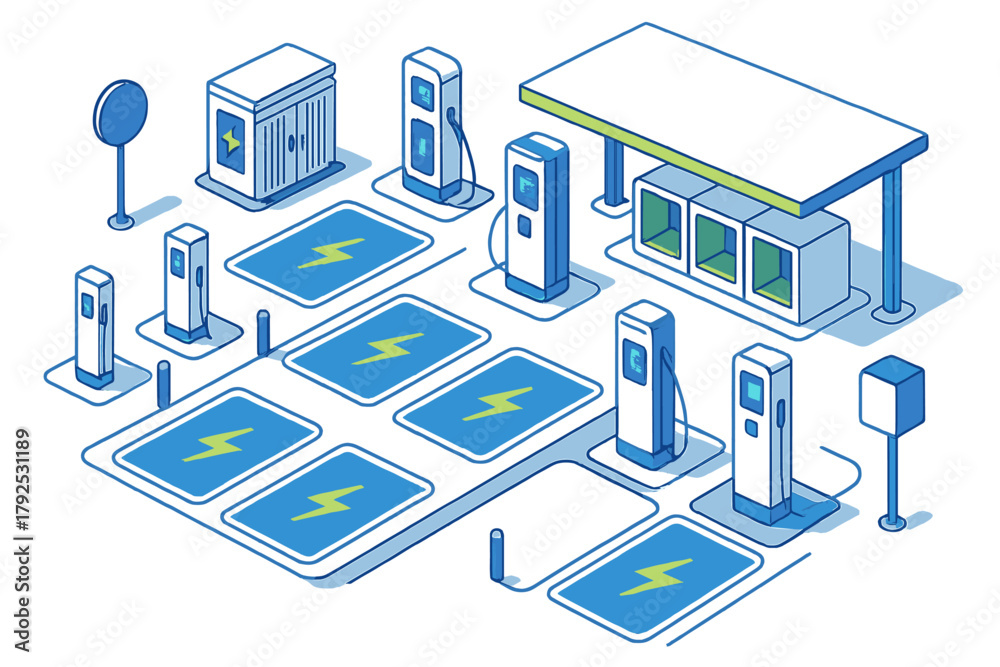 Obraz premium Modern electric vehicle charging station infrastructure in an isometric perspective