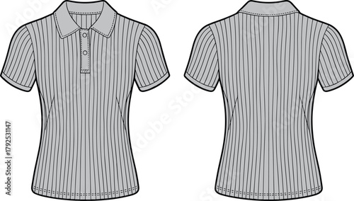 Short sleeve polo shirt technical flat sketch vector illustration showing front and back view of casual women’s top fashion design.