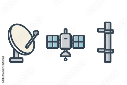 Set of communication icons including satellite dish, orbiting satellite, and antenna tower