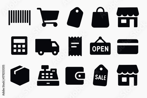 Essential retail icons collection shopping, payment, store, and sale symbols
