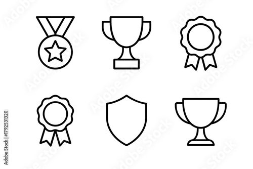 Outline icons of medals, trophies, and shields for achievement themes