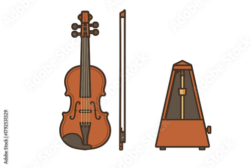 Essential tools for classical music practice including a violin, bow, and metronome
