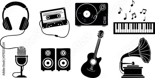 Music equipment icons including headphones cassette turntable microphone guitar speakers piano and gramophone vector set