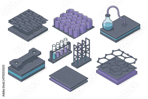 Isometric representation of advanced material science, chemical testing equipment, and composite layer structures