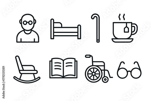 Simple icon set for elderly care bed, glasses, wheelchair, and more in linear style