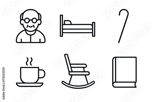 Elderly life icons minimalist design of daily activities and comfort