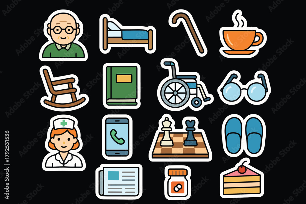 Fototapeta premium Senior living icons set health, care, relaxation, activities, essentials