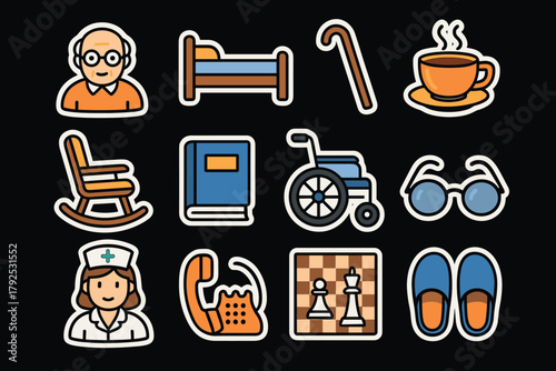 Elderly life icons set cozy living, healthcare, and leisure activities