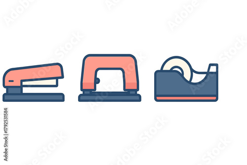 Set of essential supplies including stapler, paper punch, and tape dispenser