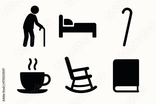 Minimalist icons of elderly care daily activities, comfort, and support