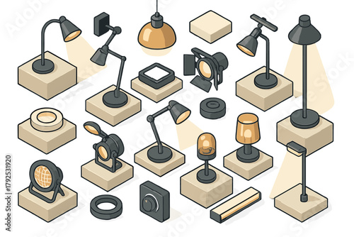 Isometric collection of modern and classic lighting equipment including various lamps and spotlights