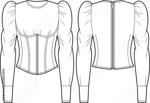 Trendy corset top with puff long sleeves, front and back fashion flat sketch, detailed apparel CAD design vector illustration