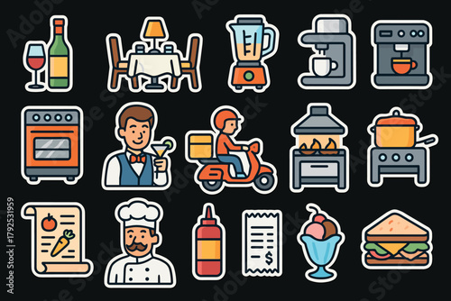 Colorful cartoon dining and cooking icons set for restaurants and cafes