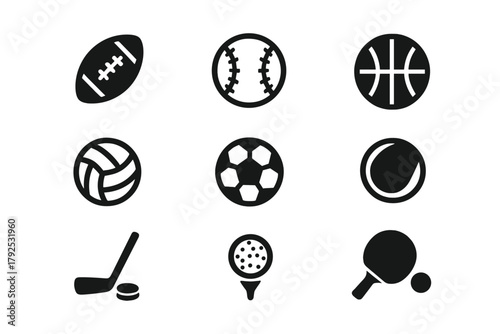 Black glyph icons set of popular sports balls and essential game equipment