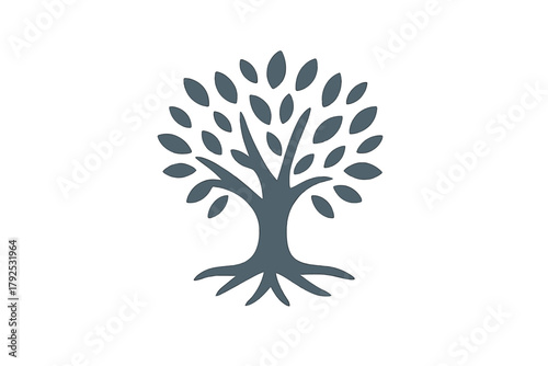 Stylized graphic representation of a mature tree with visible roots and dense foliage