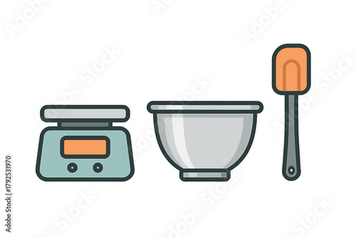 Digital weighing scale, metal mixing bowl, and rubber spatula baking tools set