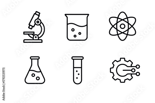 Science icons set microscope, beaker, atom, flask, test tube, gear