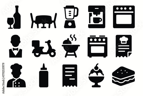 Culinary icons collection kitchen utensils and food elements in bold silhouette style