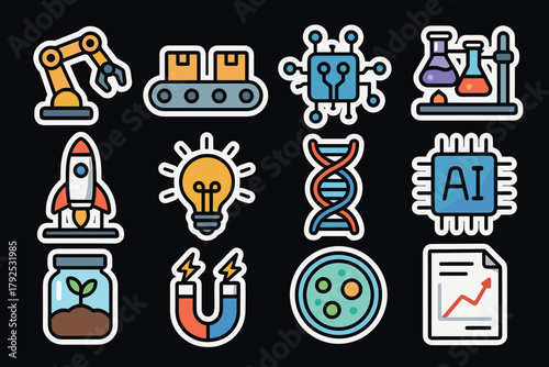Colorful technology and science icon set on dark background