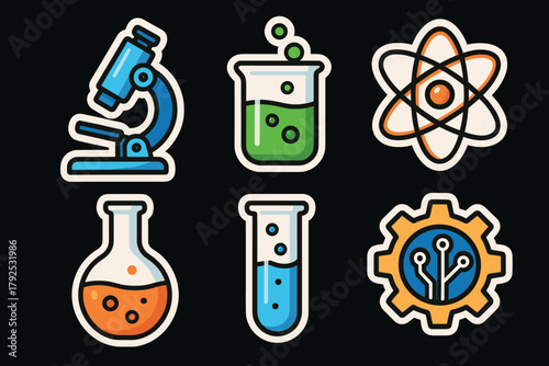 Colorful science icons with microscope beaker atom and gear on black background