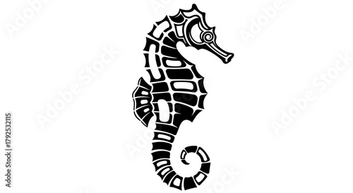 Stylized Black and White Seahorse Illustration.