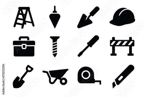Silhouette icons of construction tools for building and diy projects
