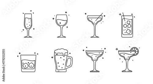 Collection of eight different cocktail and drink glasses in a simple line art silhouette style