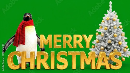 Cute Penguin Waving Beside Christmas Tree – Merry Christmas Animation Greenscreen