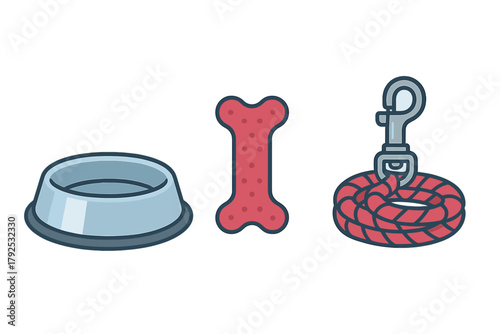 Essential items for dog ownership including a metal feeding bowl, chew bone, and coiled walking leash
