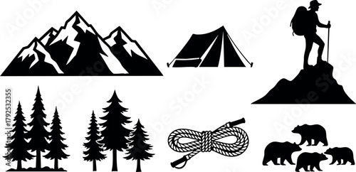 Mountain camping adventure with hikers, tents, pine trees, bears, and climbing rope vector icons set