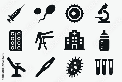 Healthcare and medical icons syringe, microscope, hospital, and medicine