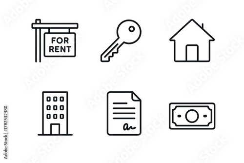 Real estate icons simple line set with key, house, money