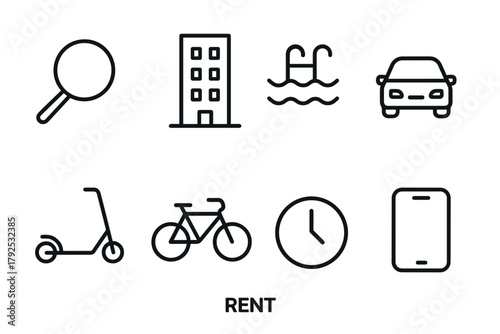 Linear icons for renting services transportation, property, and time management