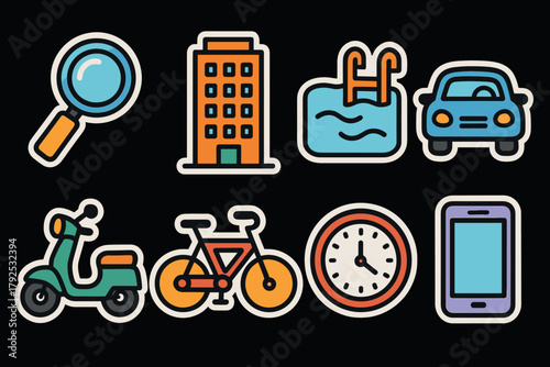 Colorful icon set featuring modern city life with bold outline design