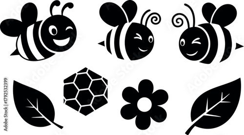 Cute happy bees flying around flower and leaves with honeycomb vector illustration in black and white style