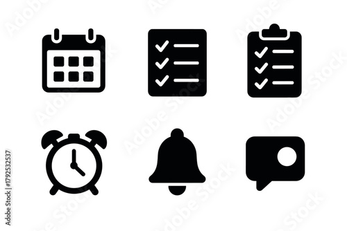 Essential everyday icons calendar, checklist, alarm, and notifications