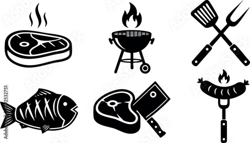 Grilled food icons steak fish sausage barbecue tools cooking vector illustration set