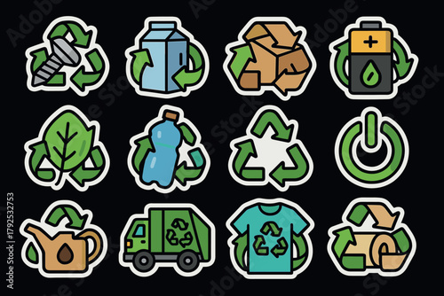 Colorful ecofriendly icon set featuring recycling and sustainability symbols
