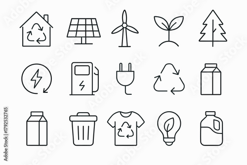 Ecofriendly icons recycling, energy, and sustainability symbols in simple linear style