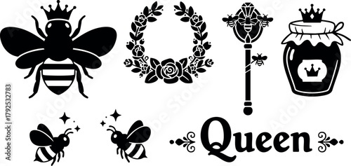 Queen bee royal symbols crown honey jar floral wreath magic scepter vintage style design vector icon set