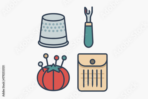 Essential tailoring and needlework equipment including thimble, seam ripper, pincushion, and needle packet