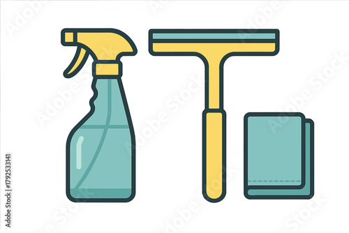 Household cleaning supplies set with spray bottle, squeegee, and microfiber cloth