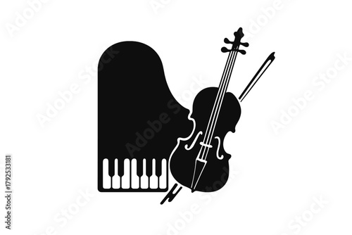 Striking black and white silhouettes of a grand piano and violin for classical music