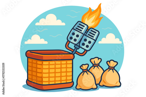 Hot air balloon basket, propane burner flame, and ballast sandbags against blue sky