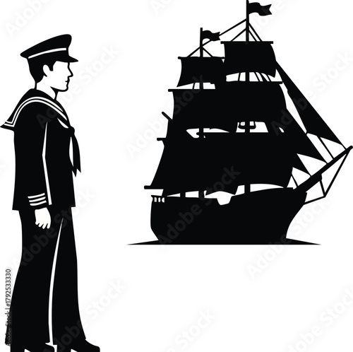black sailor and ship silhouette clip art preview