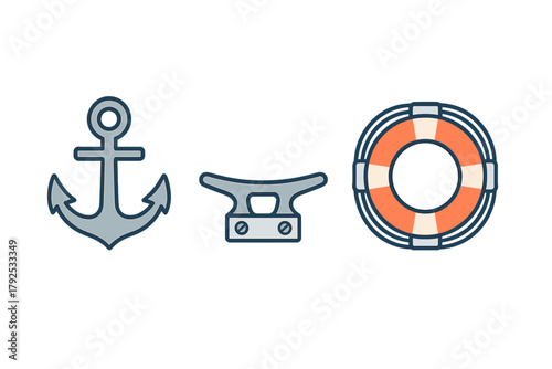 Ship anchor, mooring cleat, and life preserver ring marine equipment