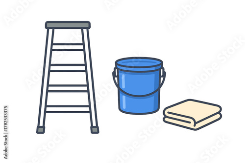 Household cleaning and maintenance equipment featuring a stepladder, blue bucket, and folded towel