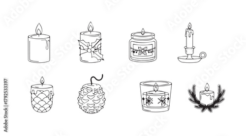 Collection of eight hand drawn candle silhouettes in a sketch style silhouette