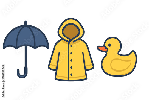 Set of rainy weather items including umbrella, yellow raincoat, and rubber duck