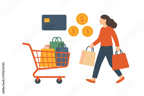 Female shopper carrying bags next to a full shopping cart with payment icons